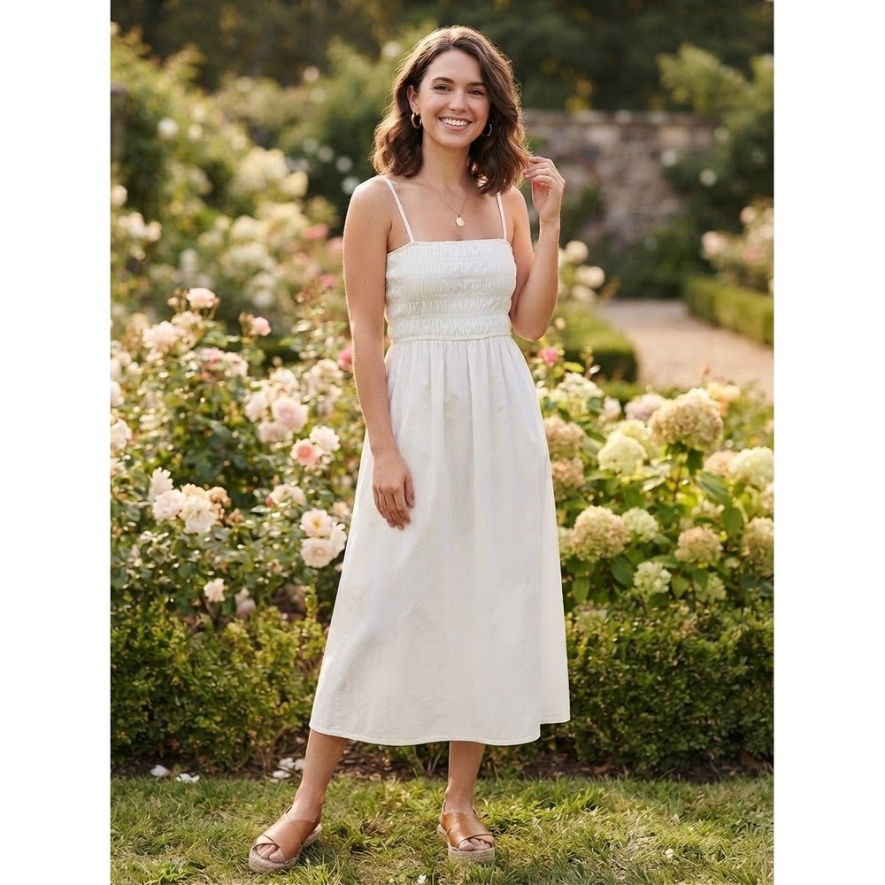 Abound Smocked Bodice Midi Dress Womens XS White Adjustable Straps cottagecore